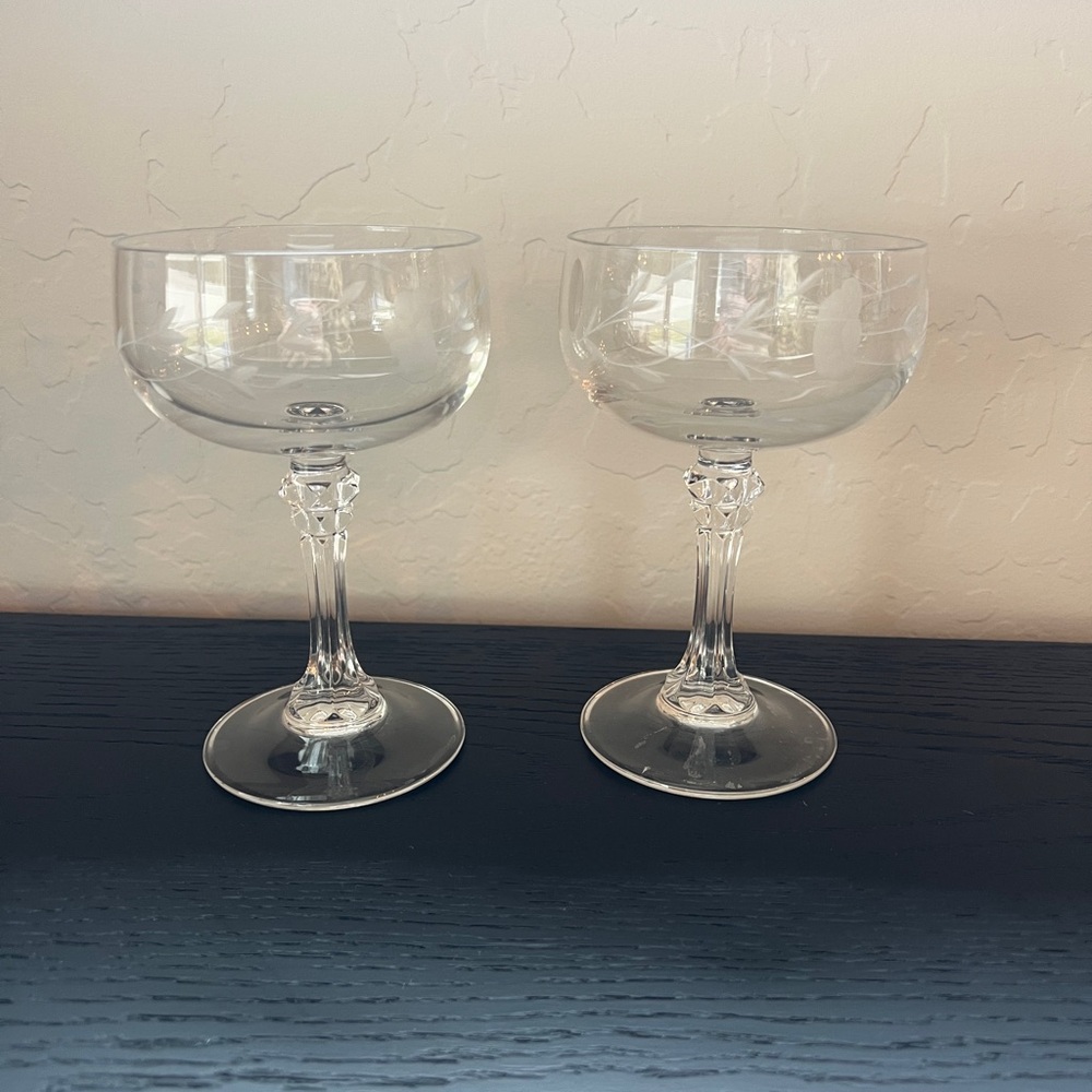 Princess House Vintage Crystal Etched Champagne Coupe Glassware Two Glasses
